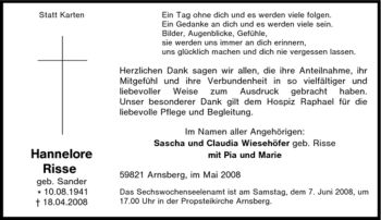 Traueranzeige von Hannelore Risse von Tageszeitung