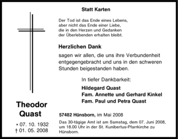 Traueranzeige von Theodor Quast von Tageszeitung
