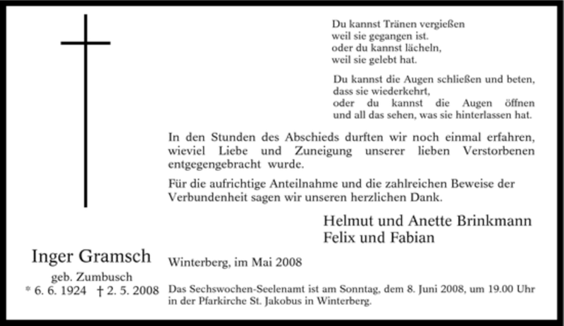  Traueranzeige für Inger Gramsch vom 31.05.2008 aus Tageszeitung