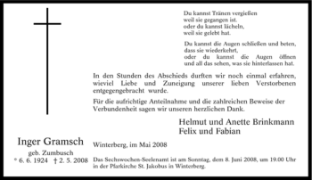 Traueranzeige von Inger Gramsch von Tageszeitung