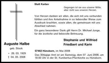 Traueranzeige von Auguste Halbe von Tageszeitung