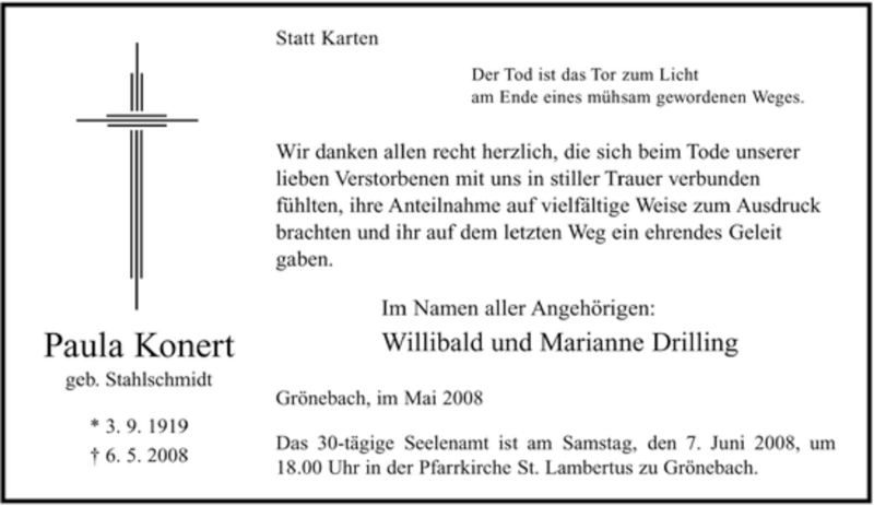  Traueranzeige für Paula Konert vom 31.05.2008 aus Tageszeitung