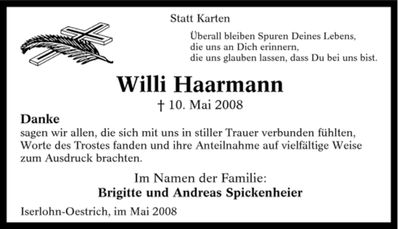  Traueranzeige für Willi Haarmann vom 31.05.2008 aus Tageszeitung