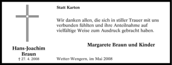 Traueranzeige von Hans-Joachim Braun von Tageszeitung