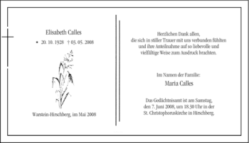 Traueranzeige von Elisabeth Calles von Tageszeitung