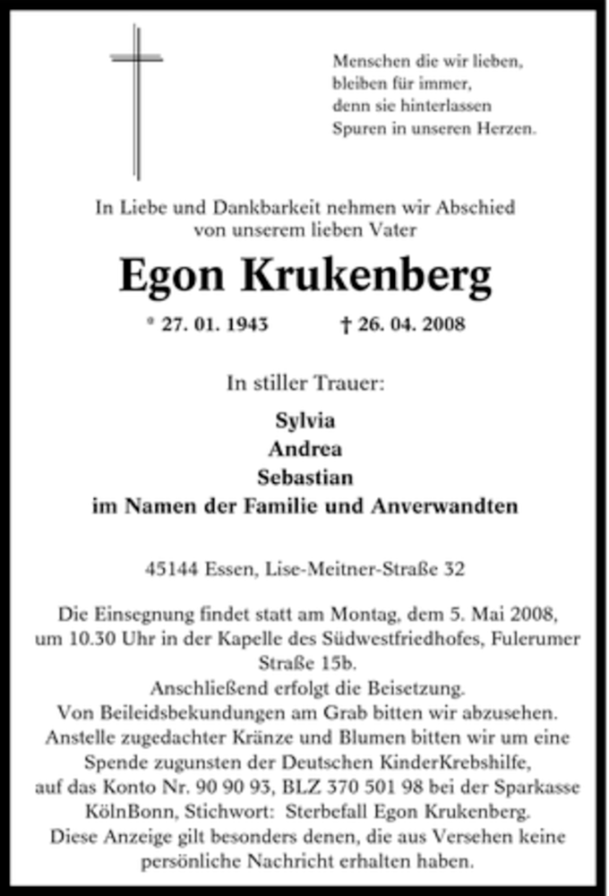  Traueranzeige für Egon Krukenberg vom 01.05.2008 aus Tageszeitung