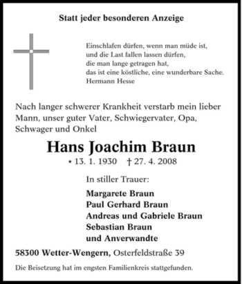 Traueranzeige von Hans Joachim Braun von Tageszeitung
