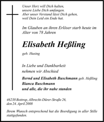 Traueranzeige von Elisabeth Heßling von Tageszeitung