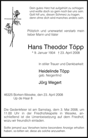 Traueranzeige von Hans Theodor Töpp von Tageszeitung
