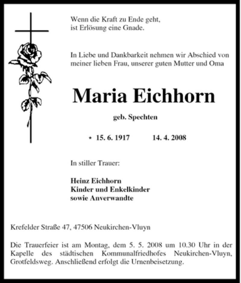  Traueranzeige für Maria Eichhorn vom 01.05.2008 aus Tageszeitung