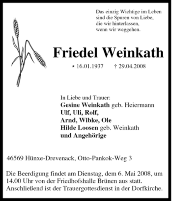 Traueranzeige von Friedel Weinkath von Tageszeitung