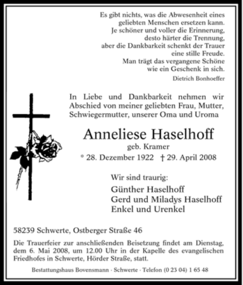 Traueranzeige von Anneliese Haselhoff von Tageszeitung