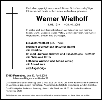 Traueranzeige von Werner Wiethoff von Tageszeitung