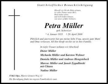 Traueranzeige von Petra Müller von Tageszeitung