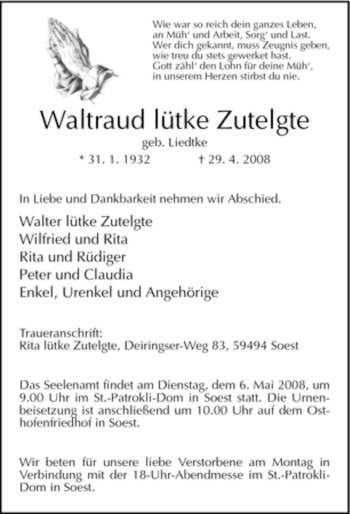 Traueranzeige von Waltraud lütke Zutelgte von Tageszeitung