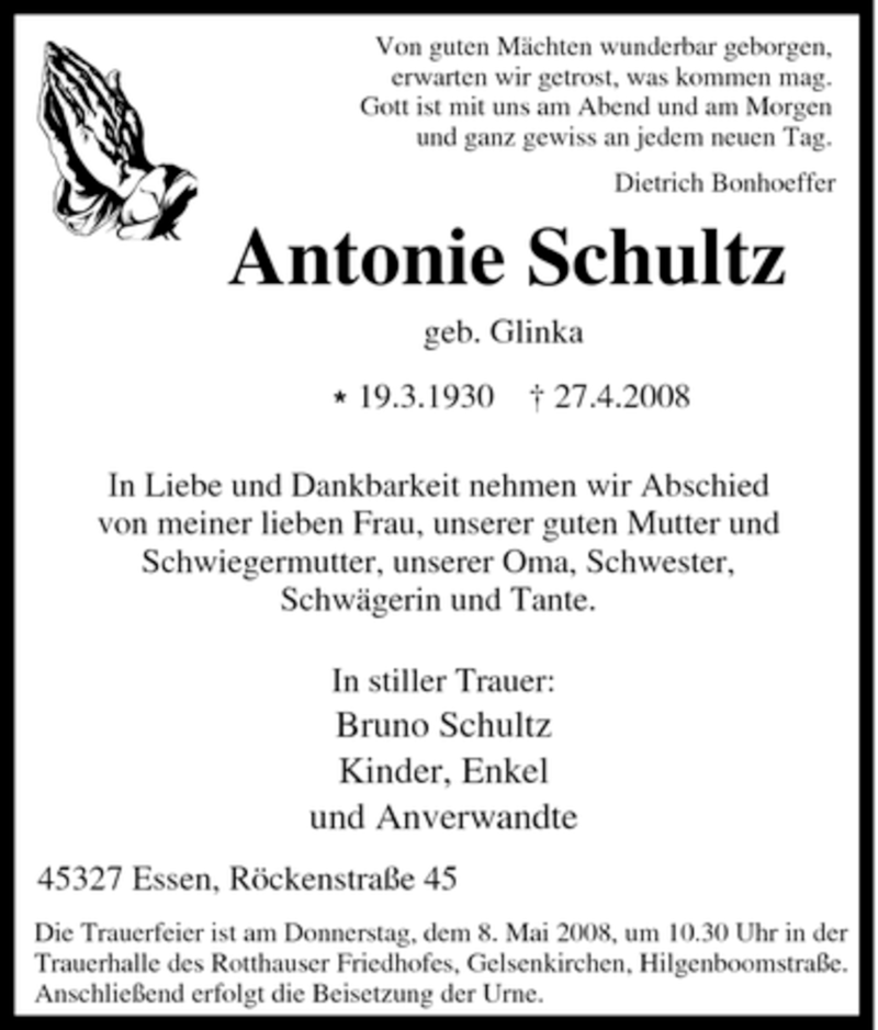  Traueranzeige für Antonie Schultz vom 03.05.2008 aus Tageszeitung