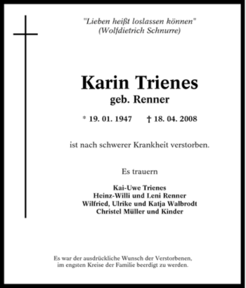 Traueranzeige von Karin Trienes von Tageszeitung