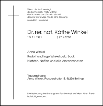 Traueranzeige von Käthe Winkel von Tageszeitung