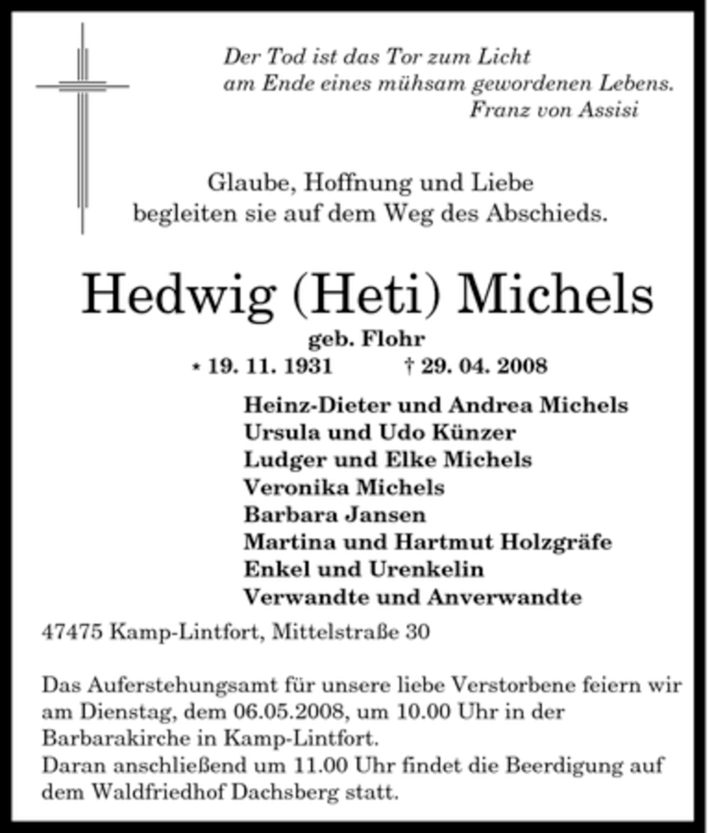  Traueranzeige für Hedwig Michels vom 03.05.2008 aus Tageszeitung