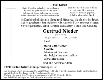 Traueranzeige von Gertrud Nieder von Tageszeitung