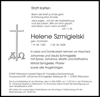 Traueranzeige von Helene Szmigielski von Tageszeitung