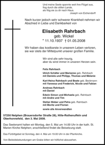 Traueranzeige von Elisabeth Rahrbach von Tageszeitung