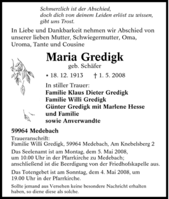 Traueranzeige von Maria Gredigk von Tageszeitung