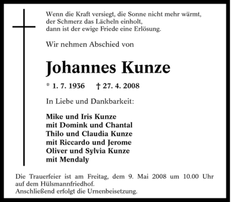 Traueranzeigen Von Johannes Kunze Trauer In NRW De