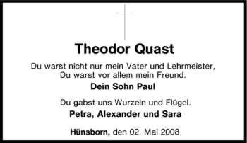 Traueranzeige von Theodor Quast von Tageszeitung