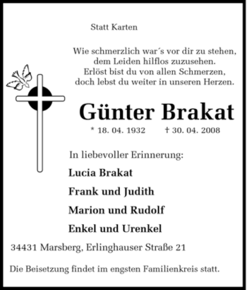 Traueranzeige von Günter Brakat von Tageszeitung