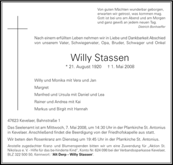 Traueranzeige von Willy Stassen von Tageszeitung