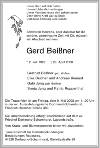 Traueranzeige von Gerd Beißner von Tageszeitung