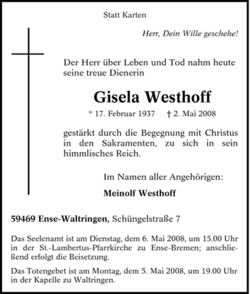  Traueranzeige für Gisela Westhoff vom 03.05.2008 aus Tageszeitung