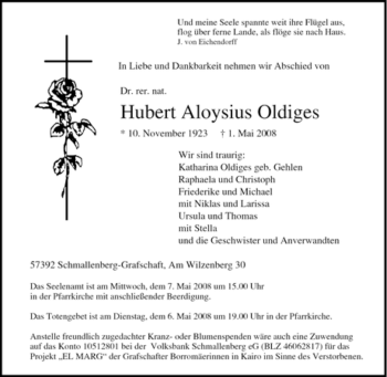 Traueranzeige von Hubert Aloysius Oldiges von Tageszeitung