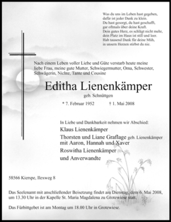 Traueranzeige von Editha Lienenkämper von Tageszeitung