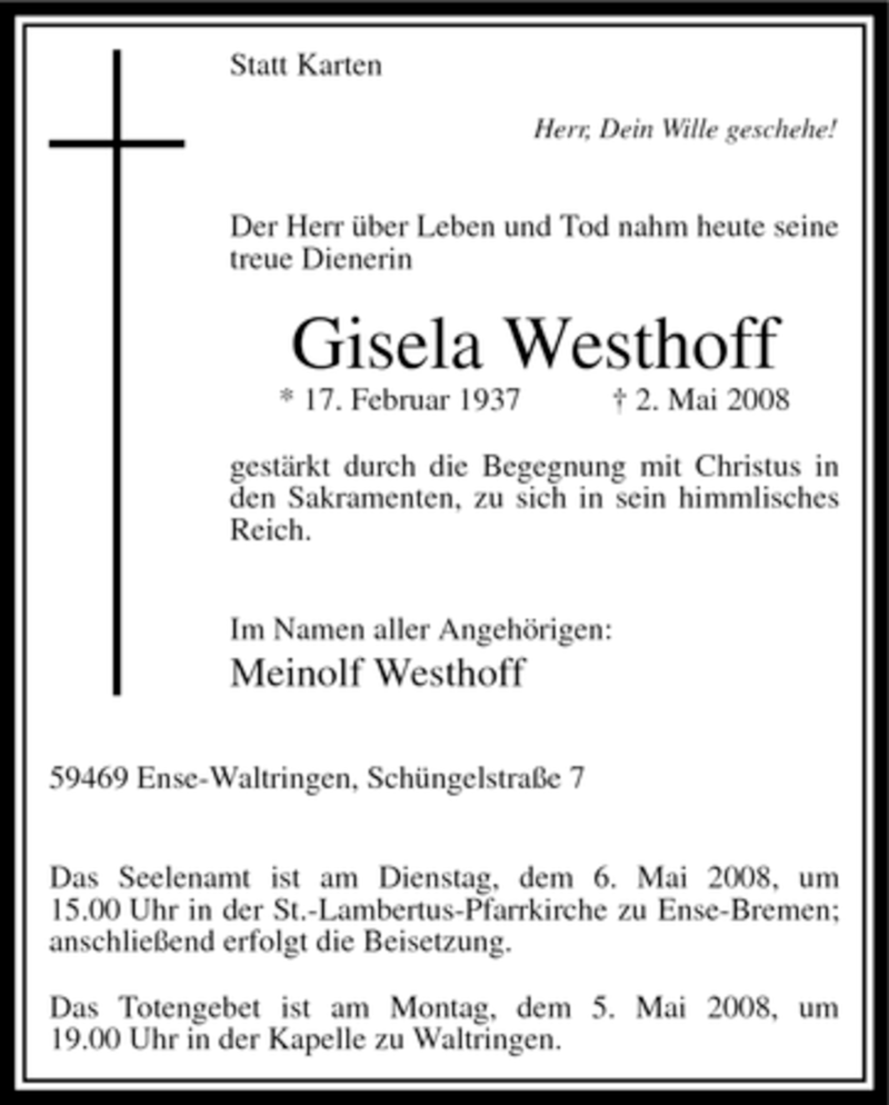 Traueranzeige für Gisela Westhoff vom 03.05.2008 aus Tageszeitung
