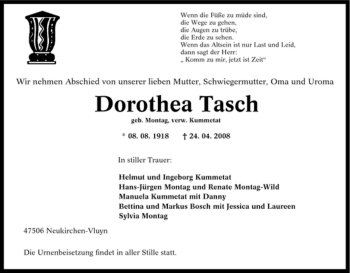 Traueranzeige von Dorothea Tasch von Tageszeitung