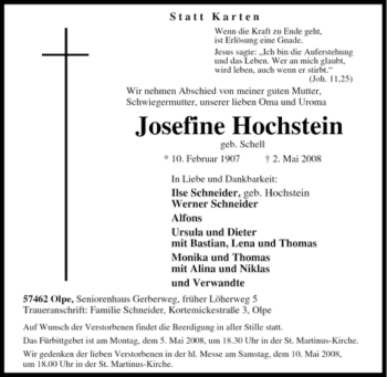 Traueranzeige von Josefine Hochstein von Tageszeitung