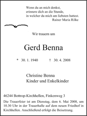 Traueranzeige von Gerd Benna von Tageszeitung