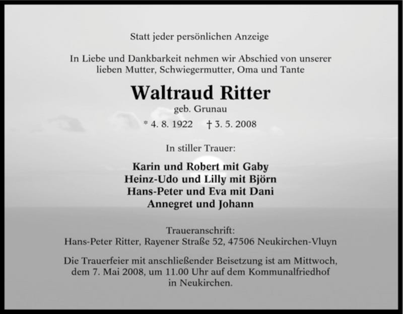  Traueranzeige für Waltraud Ritter vom 05.05.2008 aus Tageszeitung