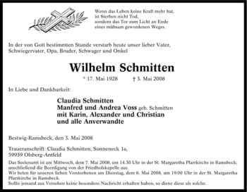 Traueranzeige von Wilhelm Schmitten von Tageszeitung