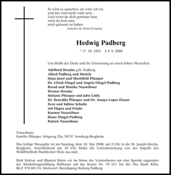 Traueranzeige von Hedwig Padberg von Tageszeitung