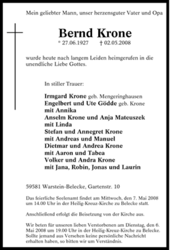 Traueranzeige von Bernd Krone von Tageszeitung