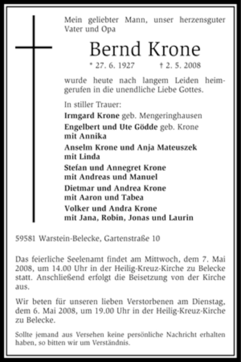 Traueranzeige von Bernd Krone von Tageszeitung