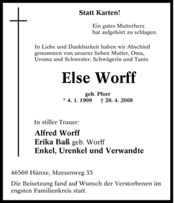 Traueranzeige von Else Worff von Tageszeitung