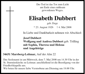 Traueranzeige von Elisabeth Dubbert von Tageszeitung