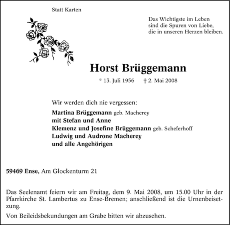  Traueranzeige für Horst Brüggemann vom 06.05.2008 aus Tageszeitung