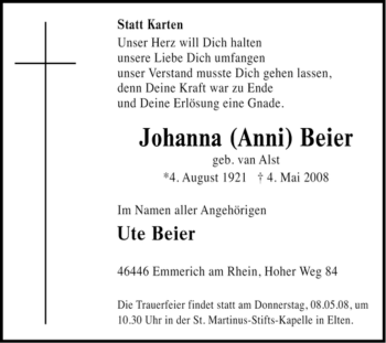 Traueranzeige von Johanna Beier von Tageszeitung