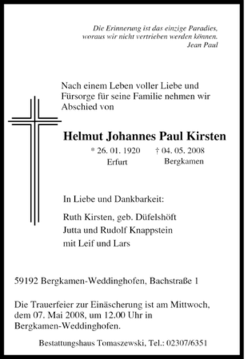 Traueranzeige von Helmut Johannes Paul Kirsten von Tageszeitung