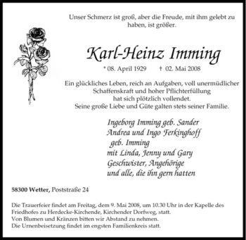 Traueranzeige von Karl-Heinz Imming von Tageszeitung